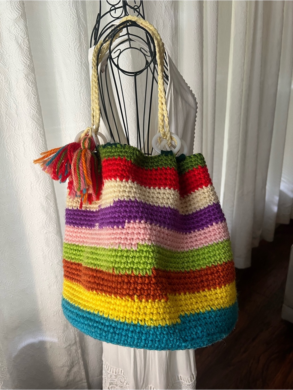 Vintage Handmade Crochet Rainbow Boho Bucket Tote Bag w/ Lucite Ring Handles